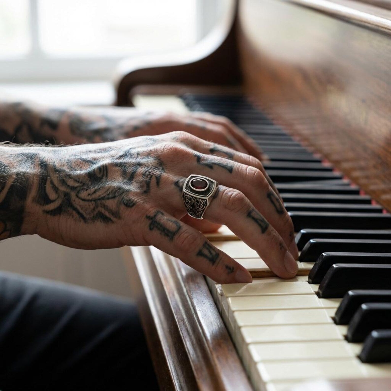 Personalized gothic red garnet ring for men with engraving option, handcrafted sterling silver signet ring in dark aesthetic style