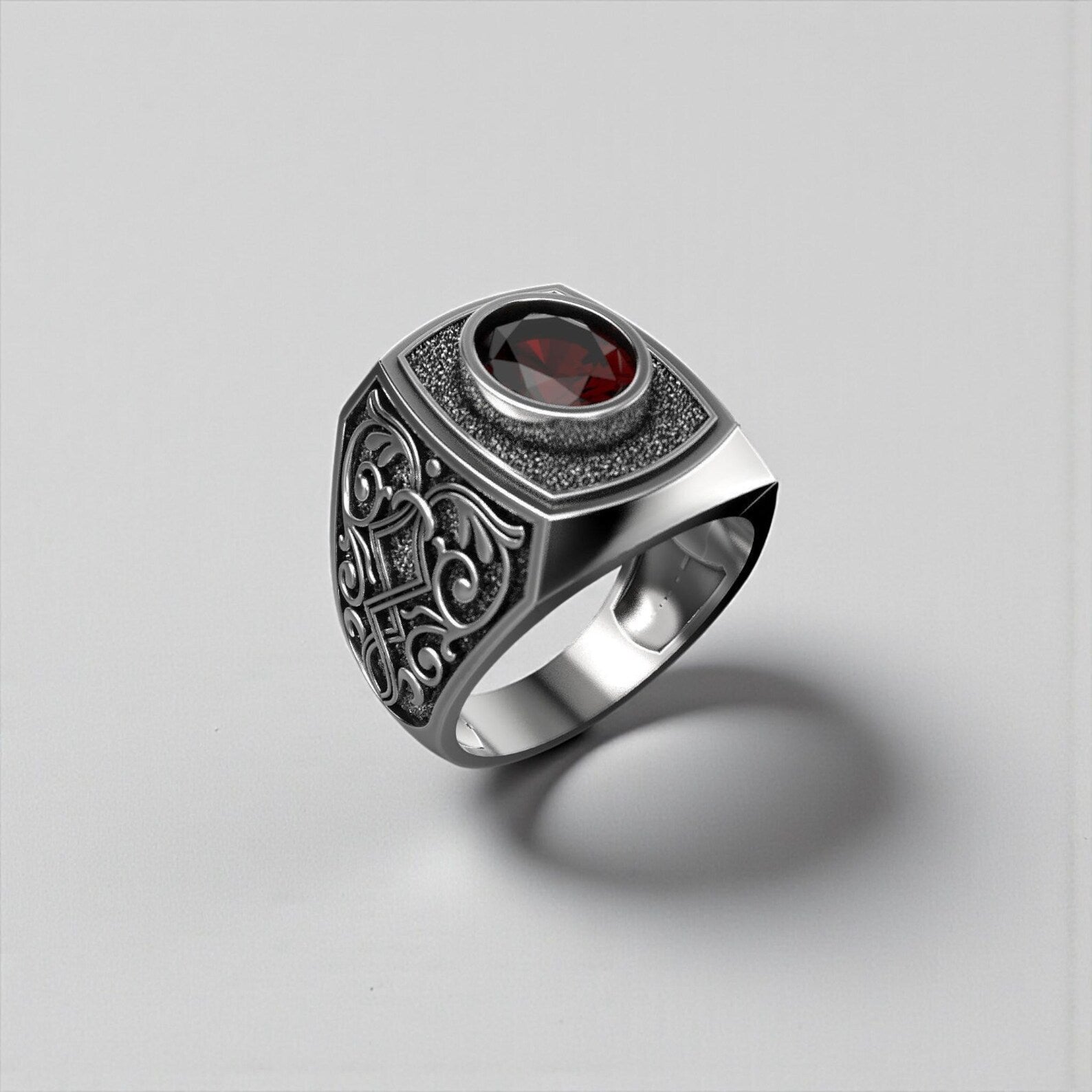Statement gothic signet ring for men with red garnet stone, handmade sterling silver ring inspired by medieval and baroque gothic art