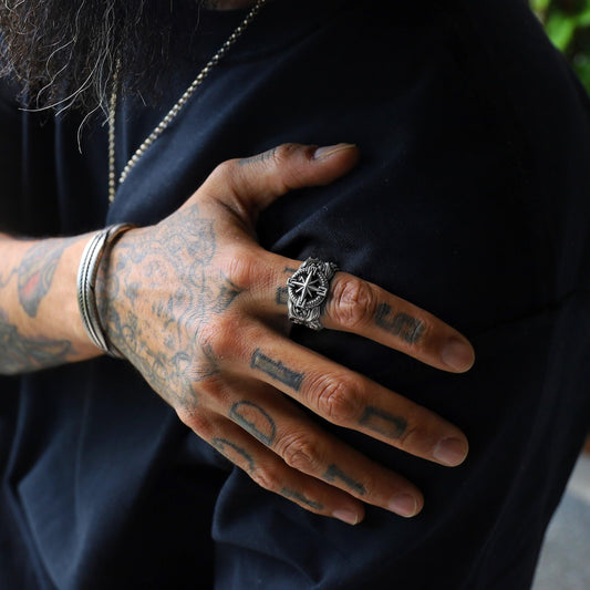 A vintage-style compass ring made of high-quality sterling silver, showcasing intricate engraving and maritime symbolism, ideal for those who value handcrafted nautical jewelry with a bold and masculine aesthetic.
