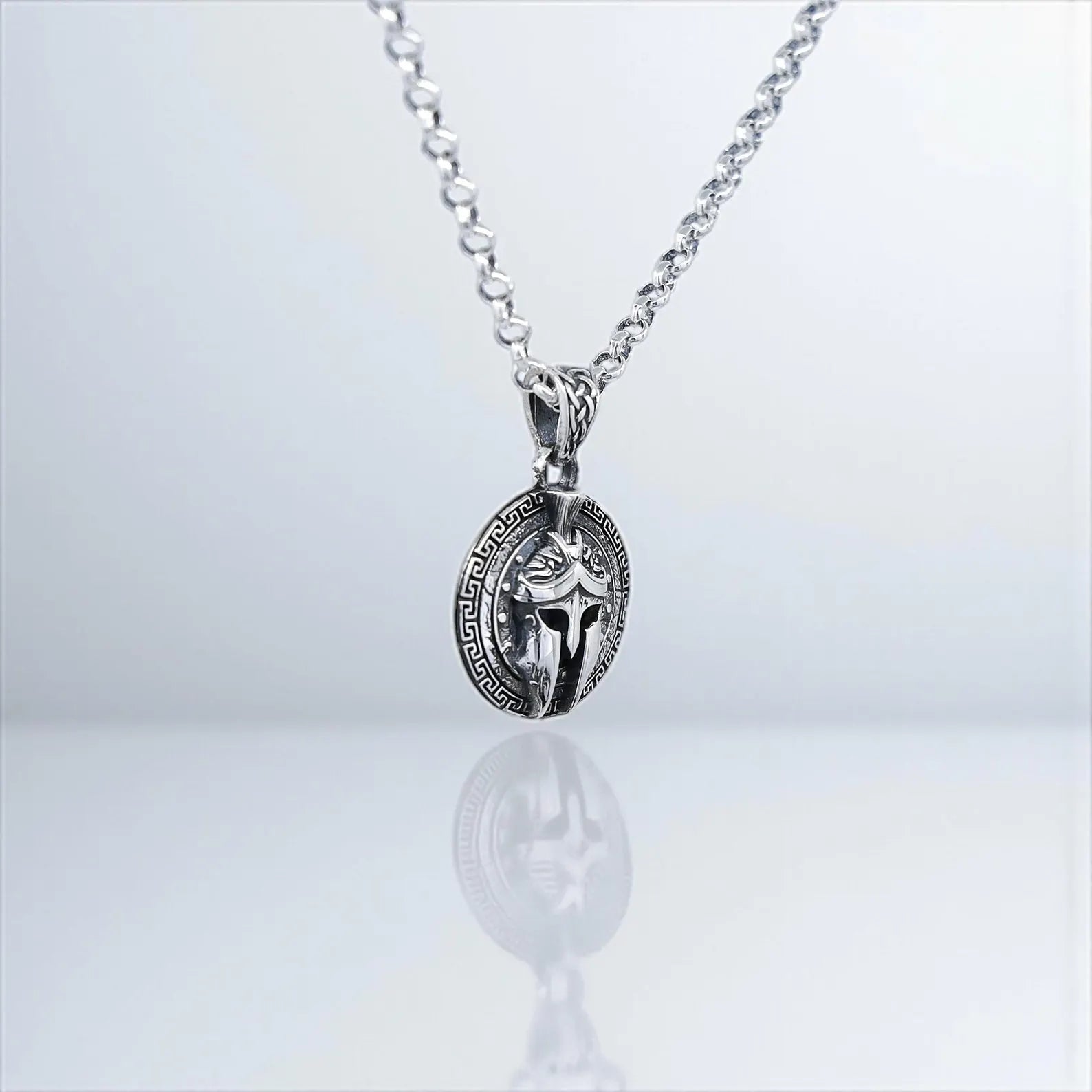 Sterling silver necklace with a detailed Spartan helmet pendant—perfect for men who embrace warrior spirit and Greek heritage. This handcrafted piece stands out as a medieval or mythological statement gift. Ideal for Google product search, Pinterest, and Shopify hero-themed jewelry listings.