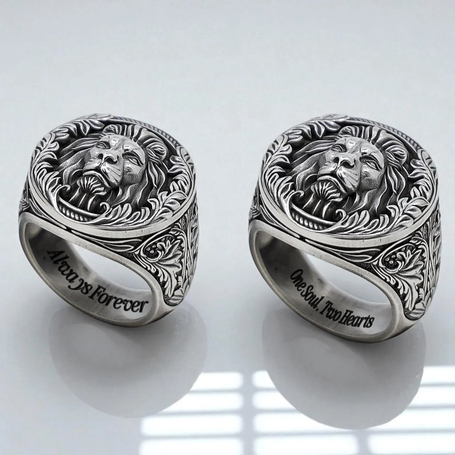 men’s sterling silver lion ring with meticulously carved mane and jungle-inspired leaf motifs. The oxidized finish adds depth and character to this powerful accessory, ideal for gothic fashion lovers.