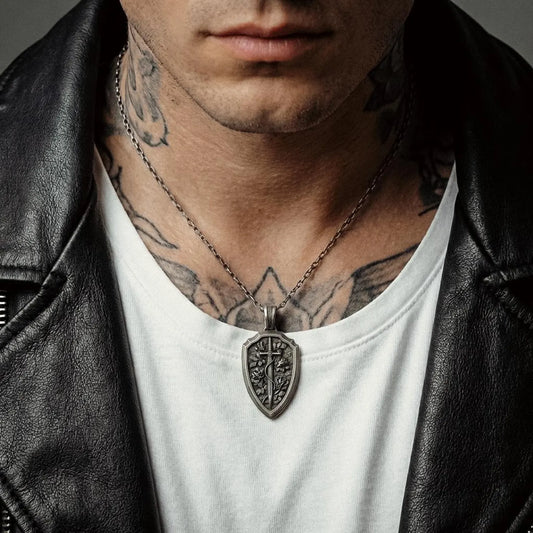 925 sterling silver medieval sword and shield pendant necklace for men with oxidized antique finish intricate gothic design powerful warrior style jewelry piece