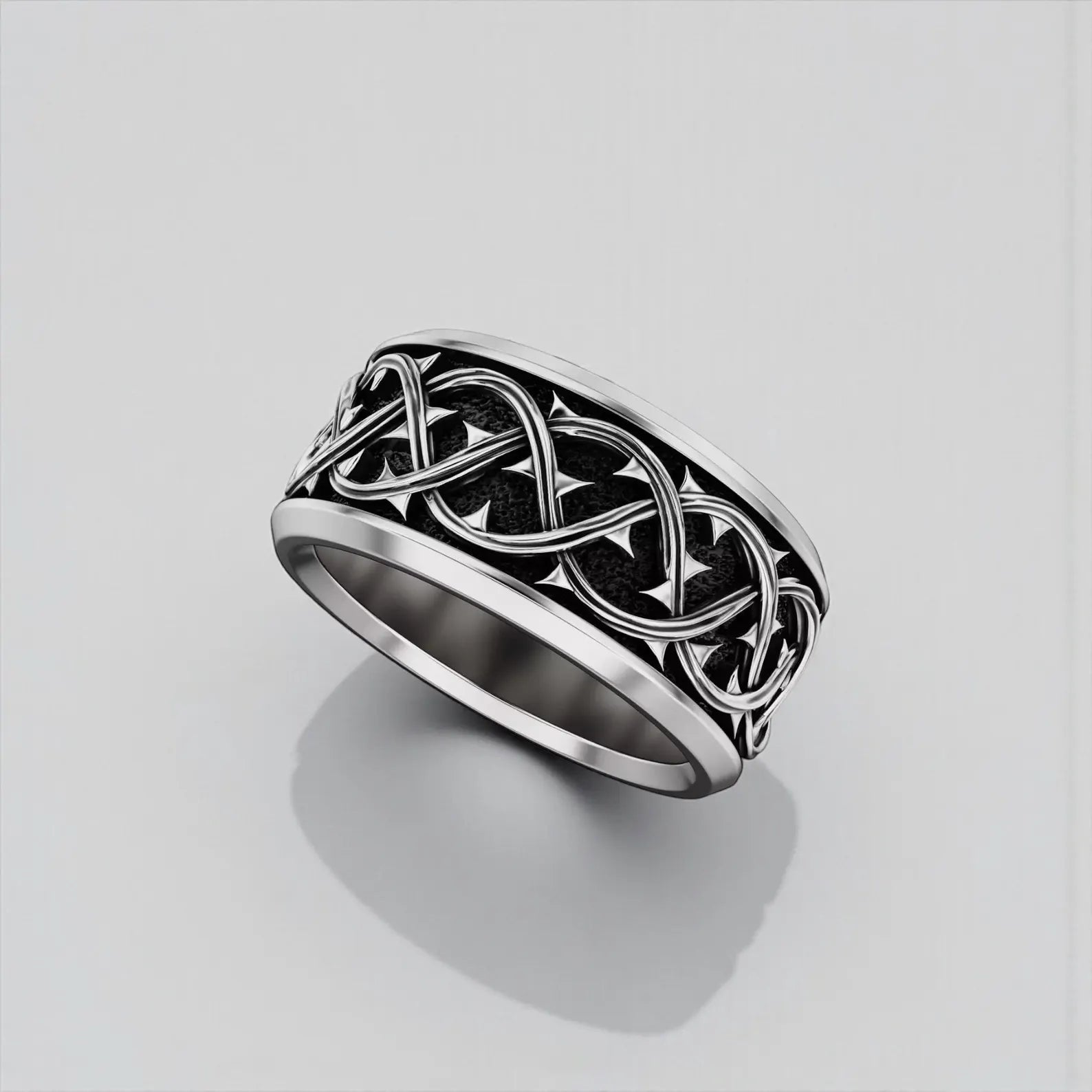 Men’s Christian thorn crown band ring handcrafted in sterling silver, featuring a powerful symbolic design inspired by Jesus’ Crown of Thorns, suitable as a wedding band or meaningful religious gift