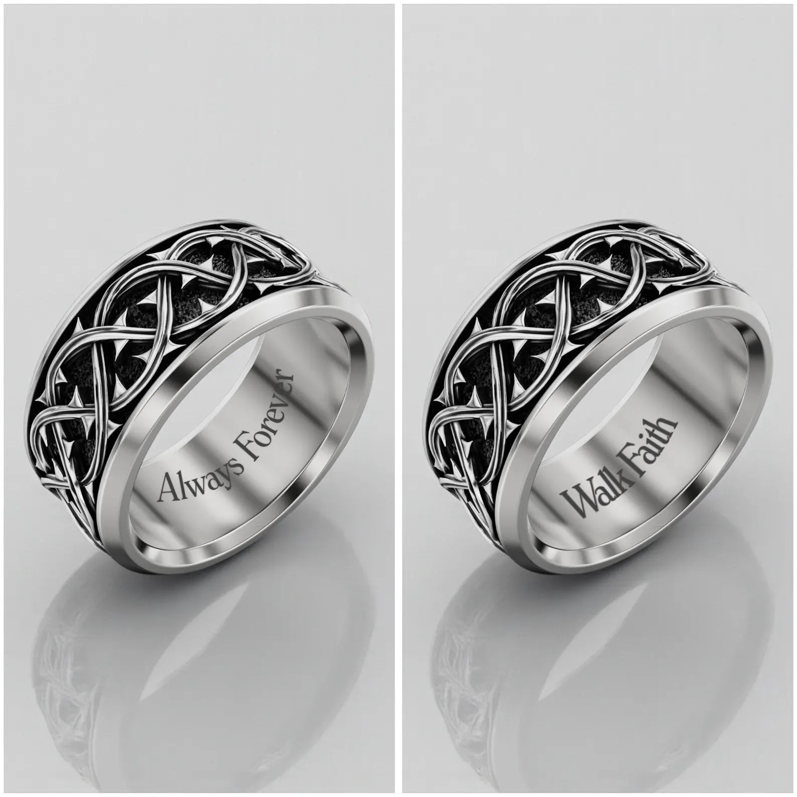 Artistic product image of a handcrafted thorn crown band ring in oxidized sterling silver, symbolizing devotion, redemption, and inner strength, designed for everyday wear or special occasions