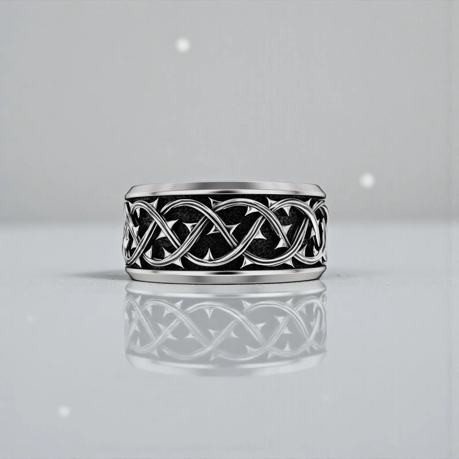 Faith-based sterling silver men’s ring with an ornate Gothic thorn crown design, representing strength, devotion, and redemption, crafted as a bold statement Christian jewelry piece