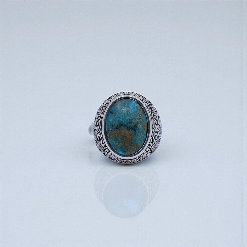 Luxury men’s statement signet ring with Baroque floral engravings and natural turquoise gemstone, handcrafted from high-quality nickel-free sterling silver