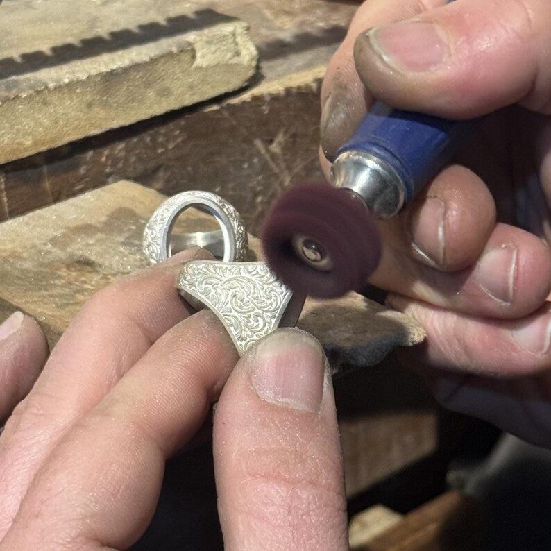 Personalized men’s signet ring crafted from solid sterling silver, featuring Baroque floral engravings and a natural turquoise gemstone
