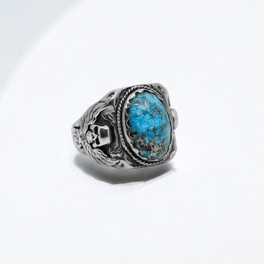 Turquoise Gothic Skull Ring for Men - Sterling Silver Biker Statement Ring