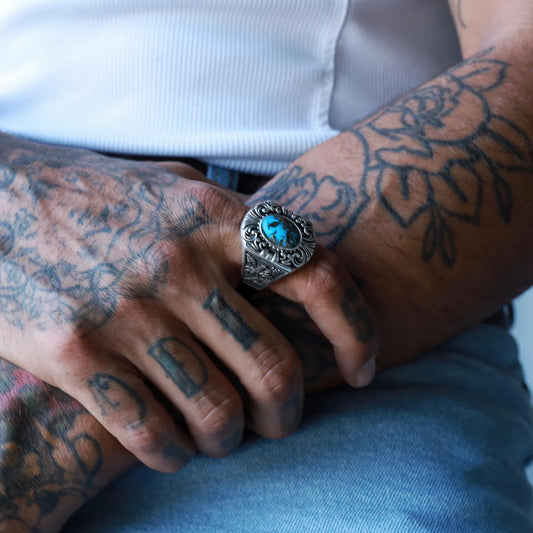 Turquoise Guns and Roses Ring for Men - Handcrafted Sterling Silver Jewelry