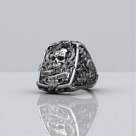Handcrafted sterling silver jawless skull biker ring for men featuring Victorian gothic design and bold baroque engraved details