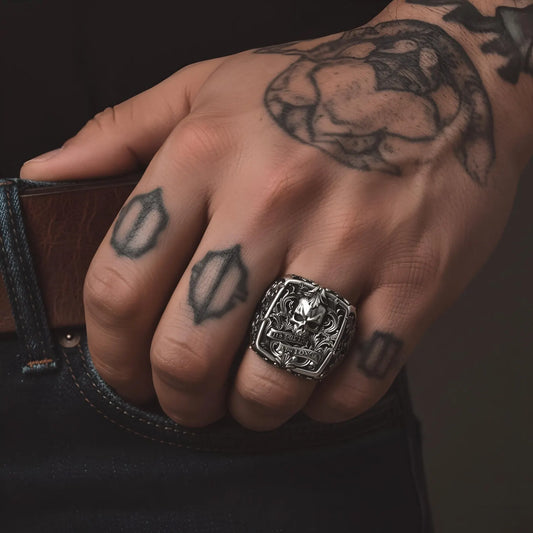 Men’s gothic jawless skull signet ring made from solid 925 sterling silver with dark oxidized Victorian style