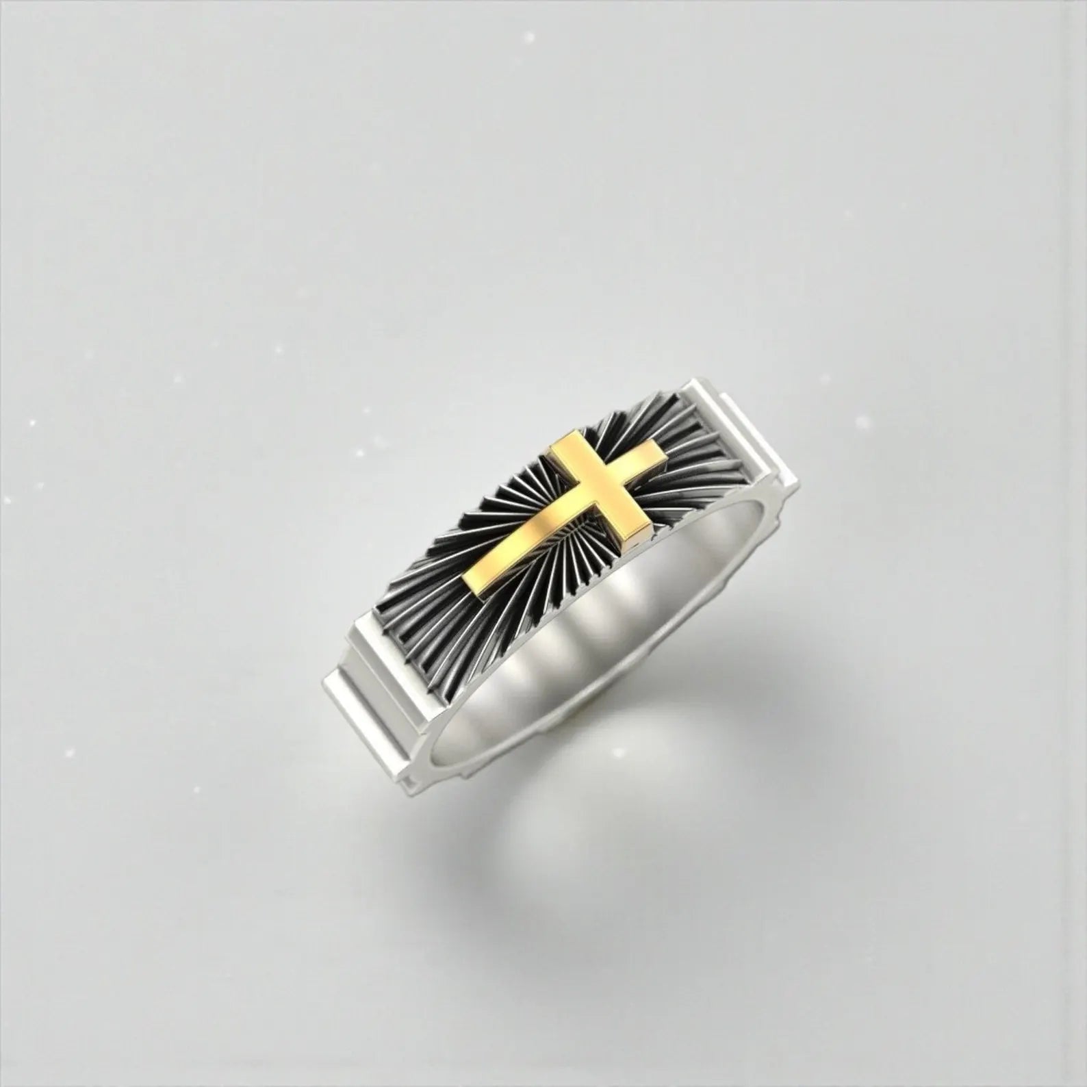 Faith-inspired men’s wedding band ring crafted from high-quality sterling silver, featuring a gold cross symbol and luxury oxidized finish