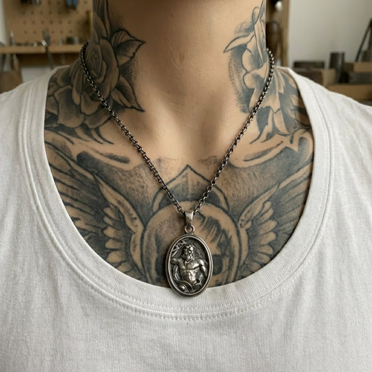 Handmade Zeus pendant necklace in 925 sterling silver featuring detailed Greek mythology engraving, powerful statement jewelry for men and unisex wear