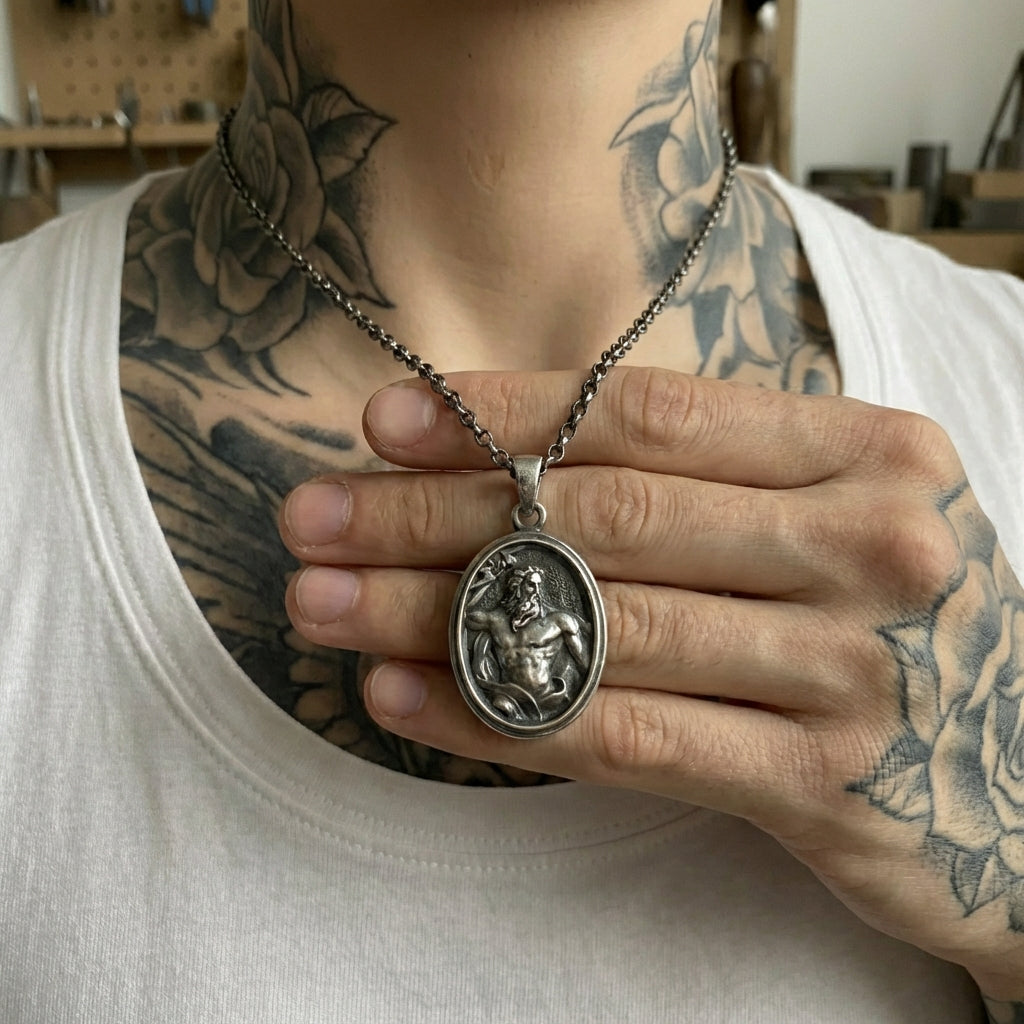 Personalized Zeus pendant necklace in sterling silver, custom engraved mythology jewelry gift for husband, boyfriend or father