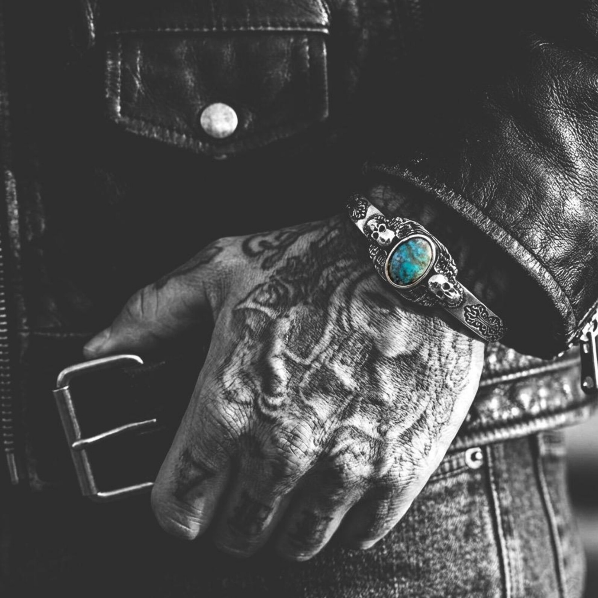 Presented in a sleek gift box, this handcrafted silver turquoise skull bracelet is a meaningful gift for Father’s Day, anniversaries, birthdays, or graduations. Surprise your husband, boyfriend, or dad with this rugged and spiritual statement piece that combines biker charm with gothic flair, creating a memorable and personal keepsake for him.