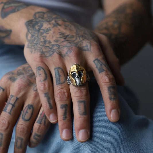 14K Gold Plated Skull Warrior Ring for Mens - Edgy Gothic Jewelry Piece