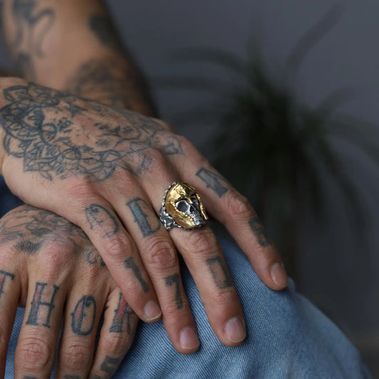 14K Gold Plated Skull Warrior Ring for Mens - Edgy Gothic Jewelry Piece
