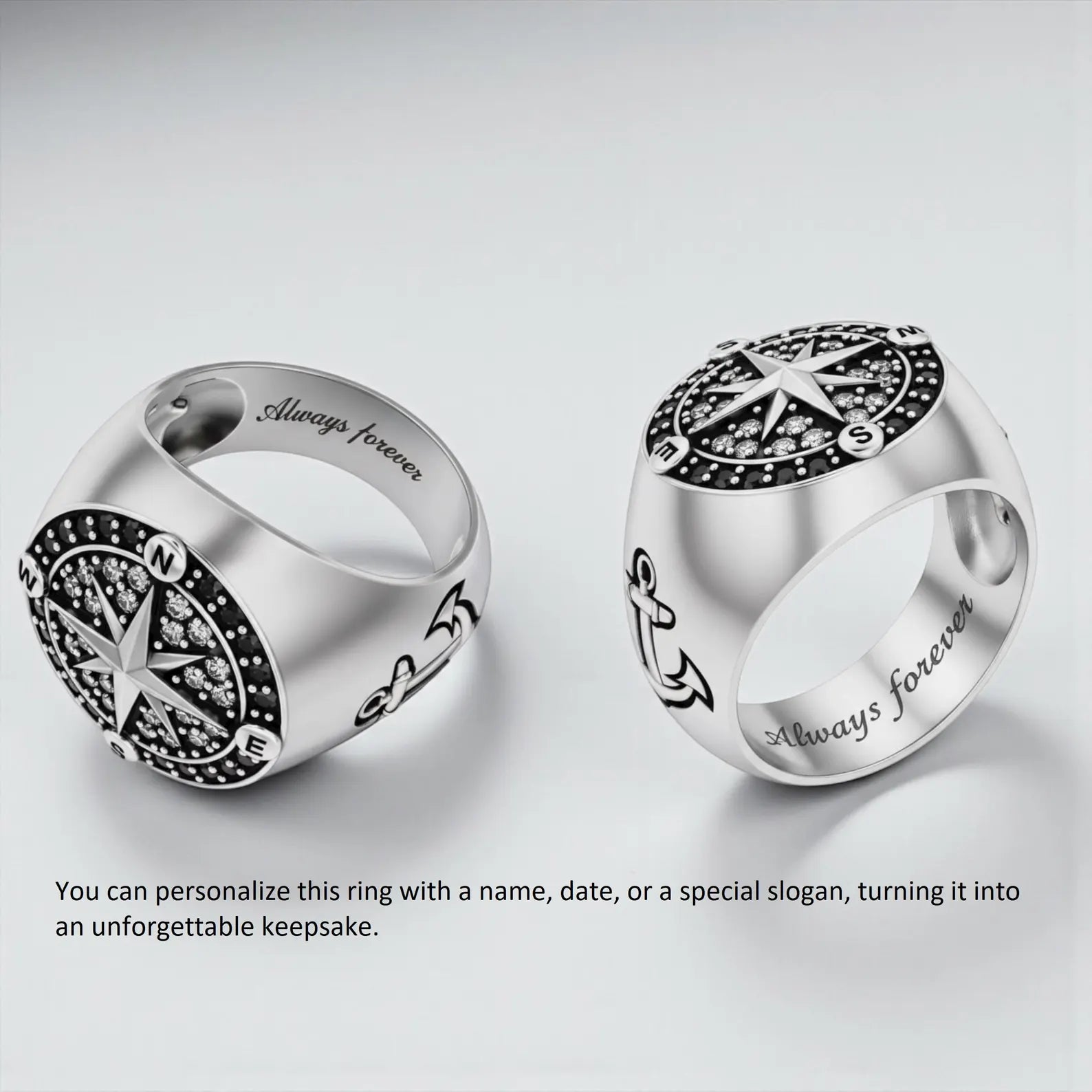 Luxury handcrafted silver compass ring for men with precision-cut gemstone accents, combining nautical heritage and modern masculine elegance.