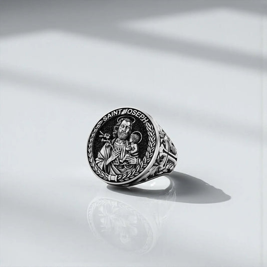 Handmade Saint Joseph Christian ring for men crafted in 925 sterling silver, offering customizable engraving options such as name, date, or symbol. A thoughtful keepsake for spiritual believers.