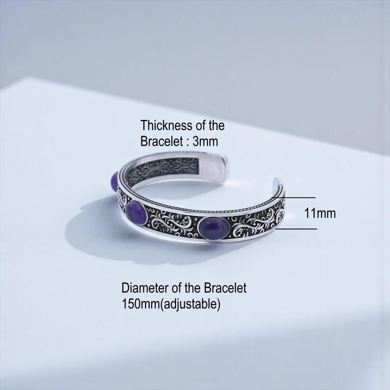 Handmade sterling silver amethyst bracelet for men, designed with ornate antique engravings and polished purple gemstones, offering a powerful combination of elegance, biker style, and calming gemstone energy—perfect for birthdays, anniversaries, or Christmas gifts.