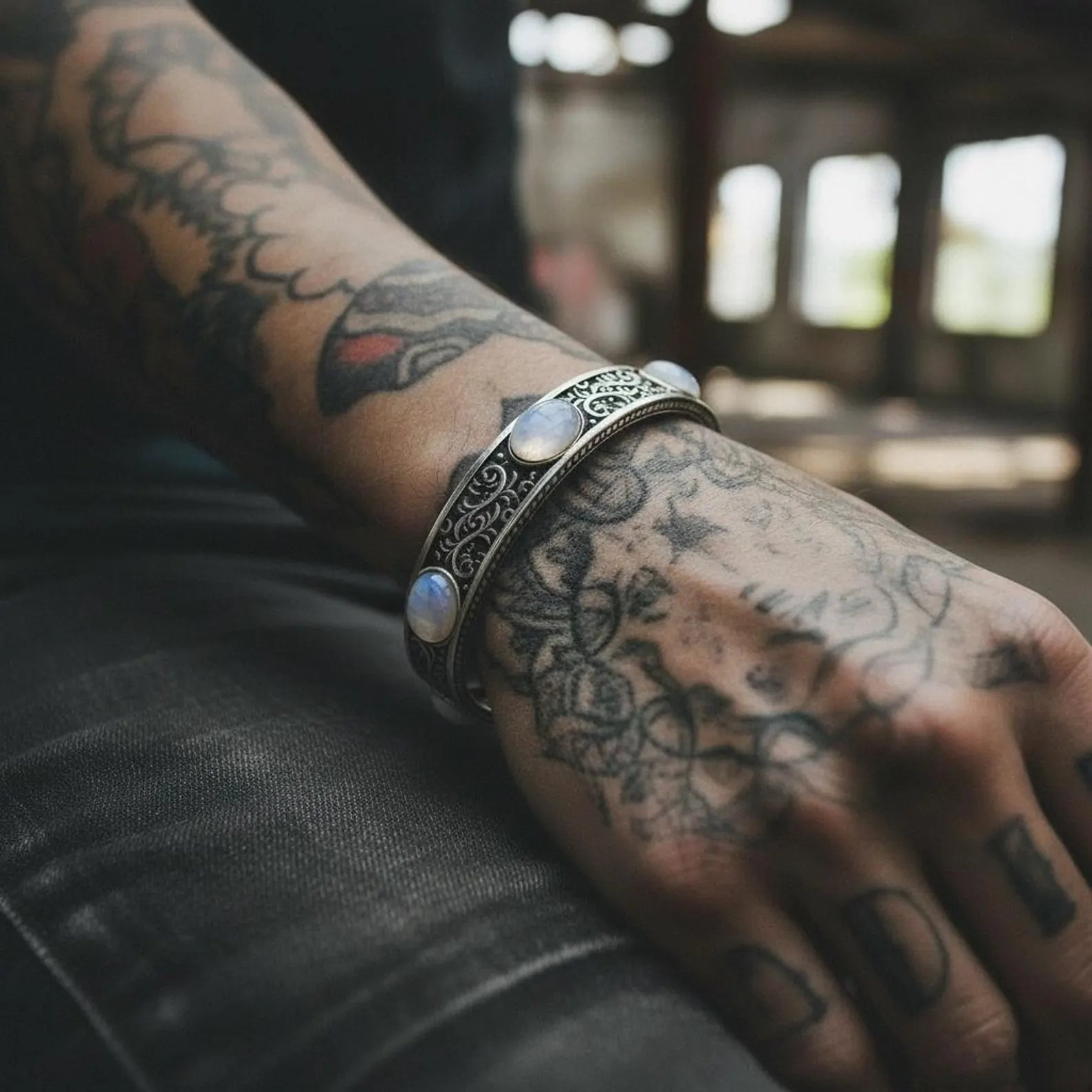 Unisex sterling silver moonstone cuff bracelet featuring handmade engravings and a triple-stone moonstone layout. A rugged statement piece with spiritual meaning, perfect for anniversaries, Christmas, and Valentine’s Day gifts.