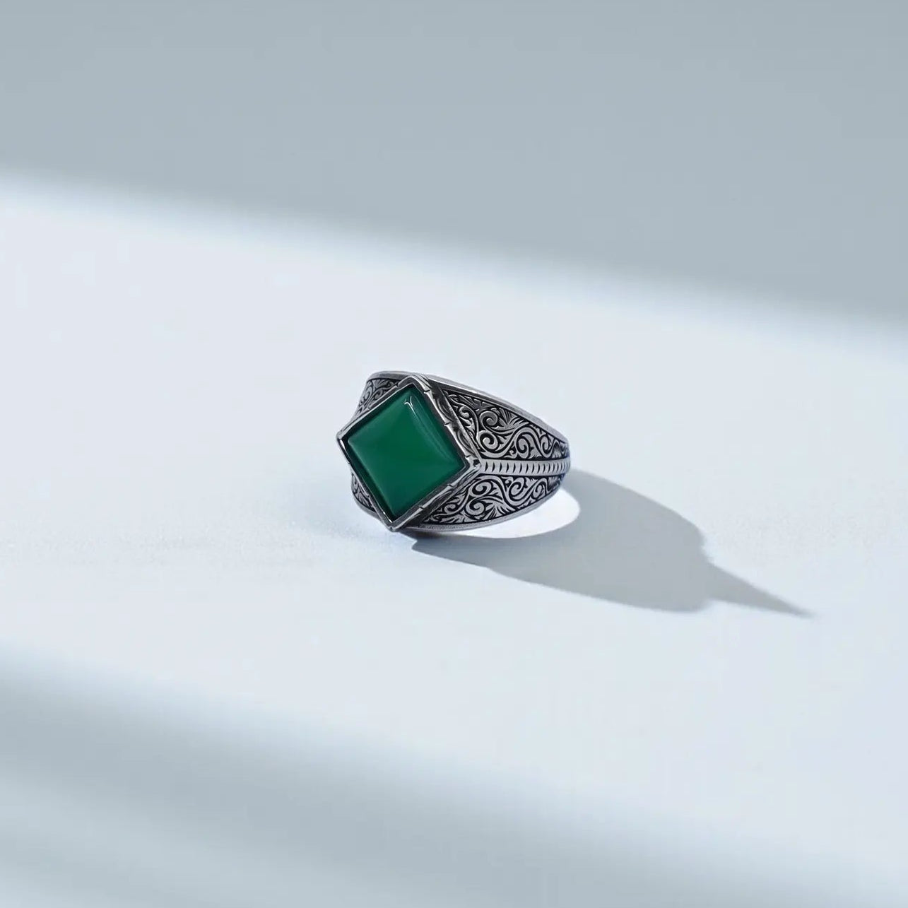 Men’s Green Onyx Baroque Engraved Ring in solid 925 sterling silver, featuring a handcrafted vintage-style signet design with a natural 10x10 green onyx gemstone — luxury masculine jewelry for statement style and special gift occasions