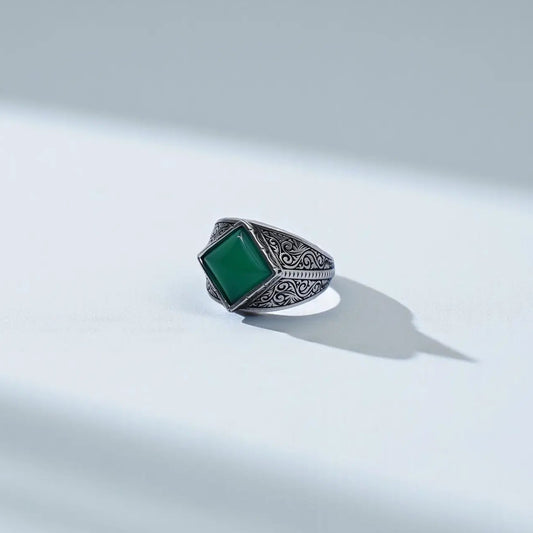 Men’s Green Onyx Baroque Engraved Ring in solid 925 sterling silver, featuring a handcrafted vintage-style signet design with a natural 10x10 green onyx gemstone — luxury masculine jewelry for statement style and special gift occasions