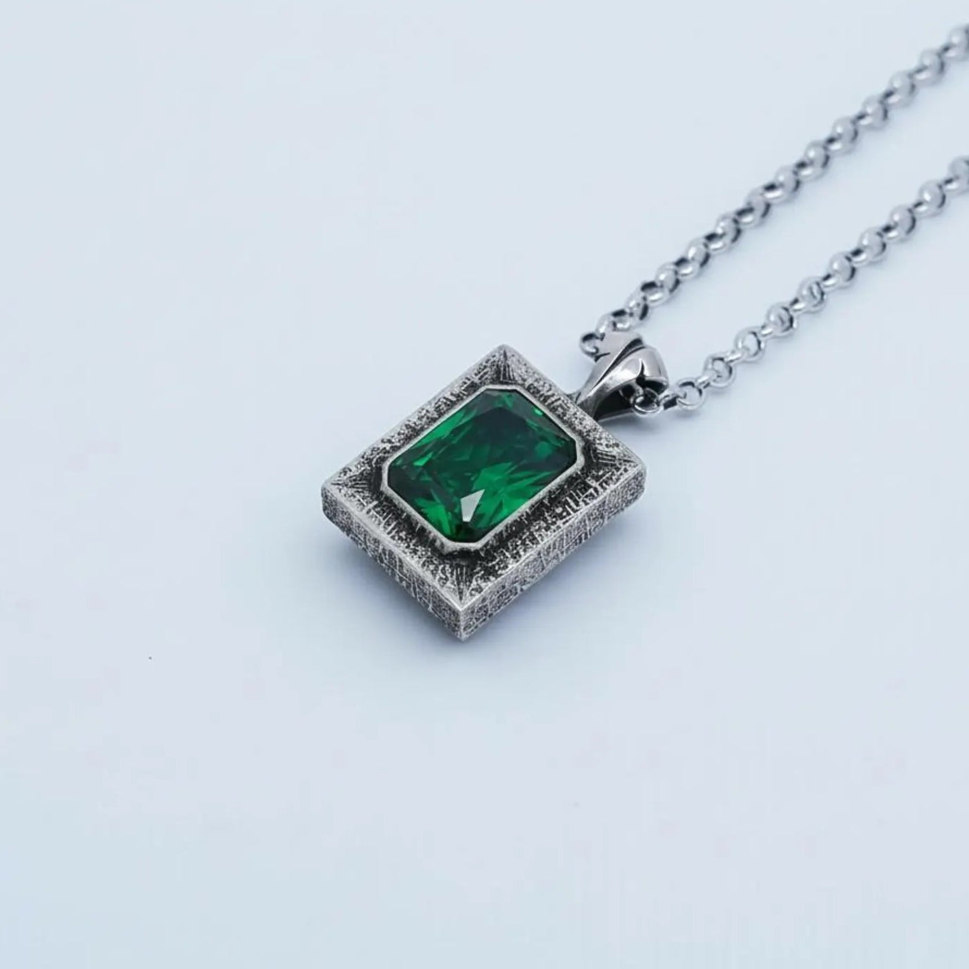 Handcrafted chunky sterling silver emerald birthstone pendant necklace for men, featuring a bold 20mm vintage-inspired design with a 16x12 emerald gemstone, polished and oxidized finish, luxury personalized jewelry by 4BestBrand.