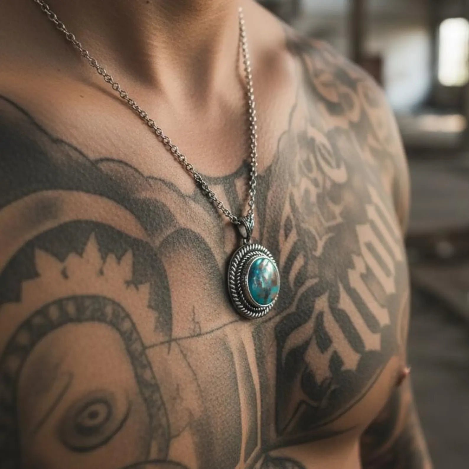 High-detail close-up of the natural turquoise gemstone revealing its unique patterns and vibrant color variations. Perfect for customers looking for authentic gemstone jewelry, Southwestern inspired pieces, and handcrafted sterling silver necklaces.