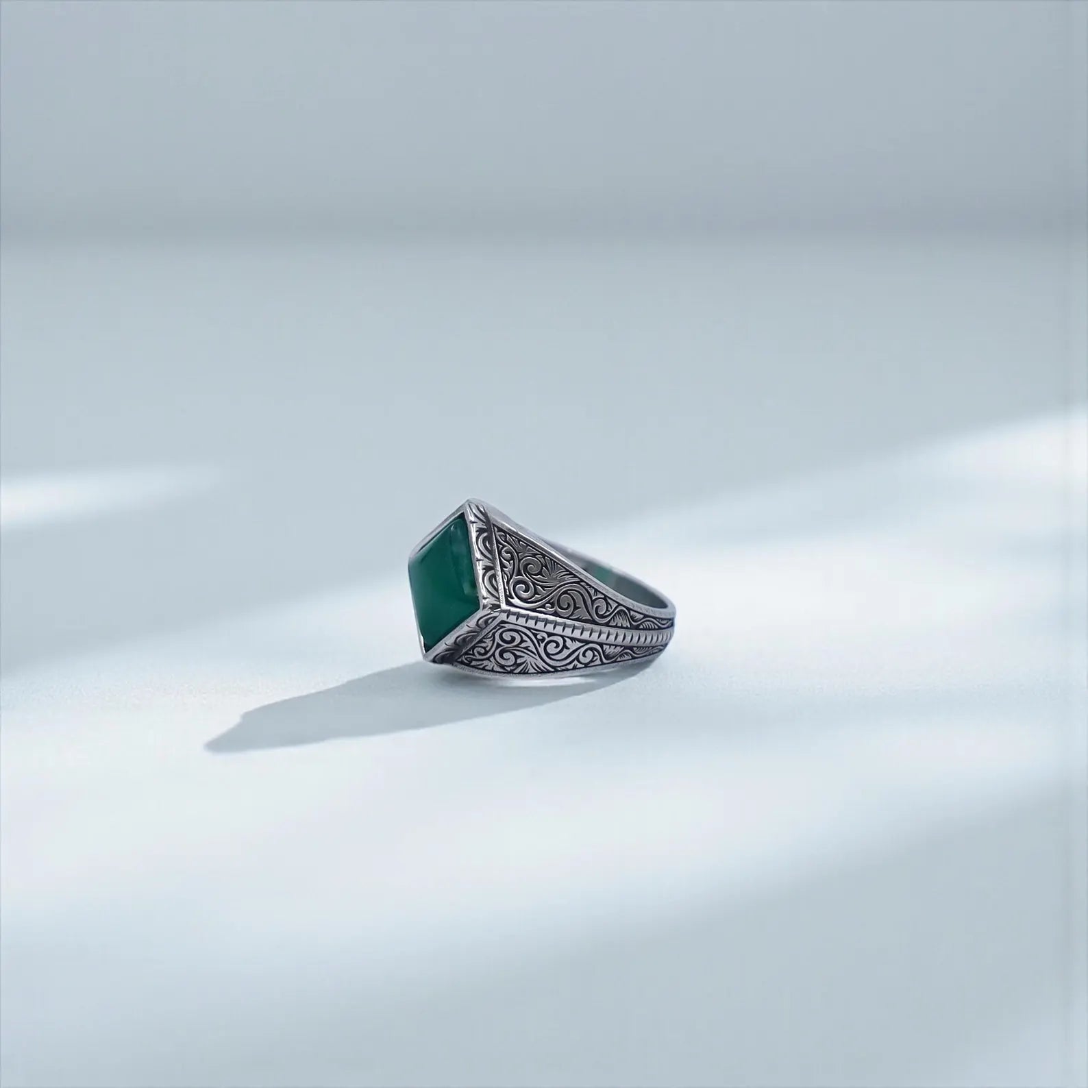 Masculine green onyx engraved signet ring with oxidized 925 silver finish, handcrafted for durability and style — ideal as a Valentine’s Day, Christmas, or anniversary gift.