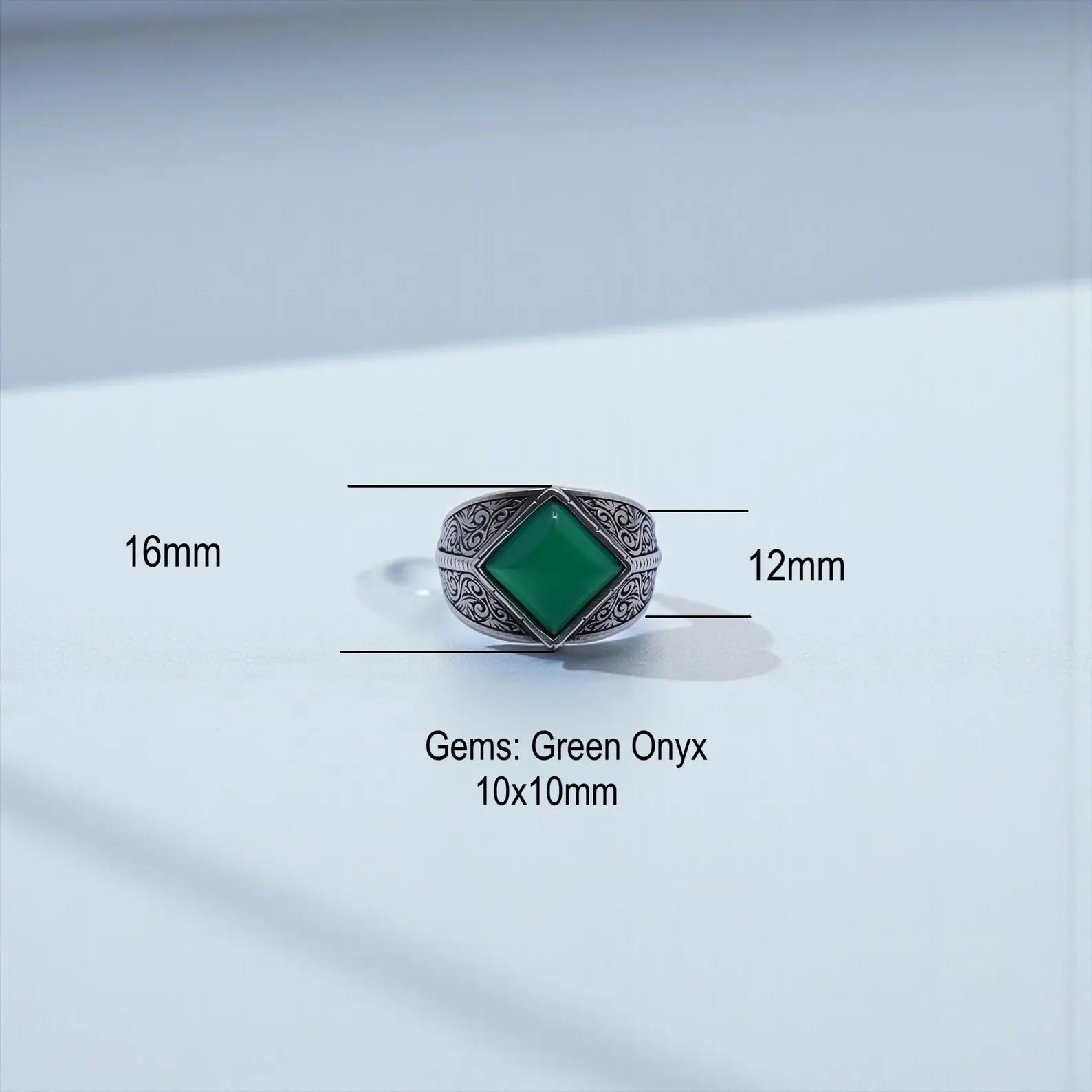 Luxury men’s baroque engraved ring in sterling silver with a striking green onyx gemstone, designed to elevate everyday or formal outfits — unique handcrafted masculine statement jewelry.