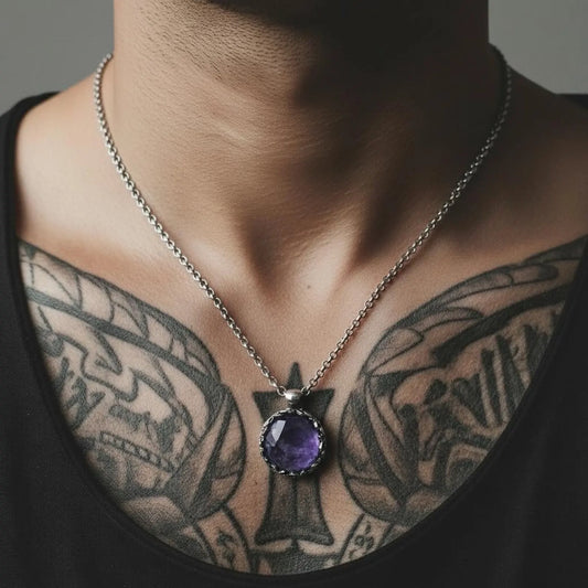 Luxury amethyst gemstone necklace for men and women crafted from high-quality sterling silver, showcasing a bold vintage baroque style pendant with rich purple tones, perfect for Christmas gifts and anniversary jewelry photography.