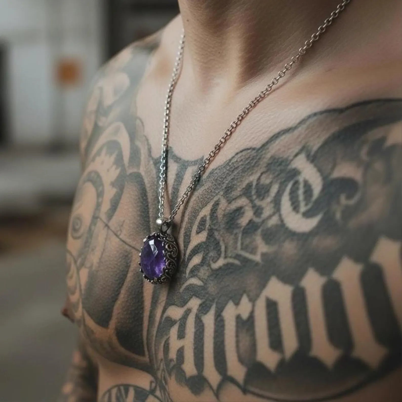 Sterling silver amethyst necklace shown with detailed craftsmanship, including baroque leaf patterns, vintage-inspired structure, natural gemstone shine, and premium handmade finishing for sophisticated buyers.