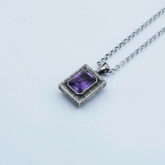 Handcrafted 925 sterling silver amethyst emerald-cut birthstone pendant necklace for men, featuring a bold chunky vintage-inspired design and a deep purple gemstone that offers elegance, strength, and luxury.