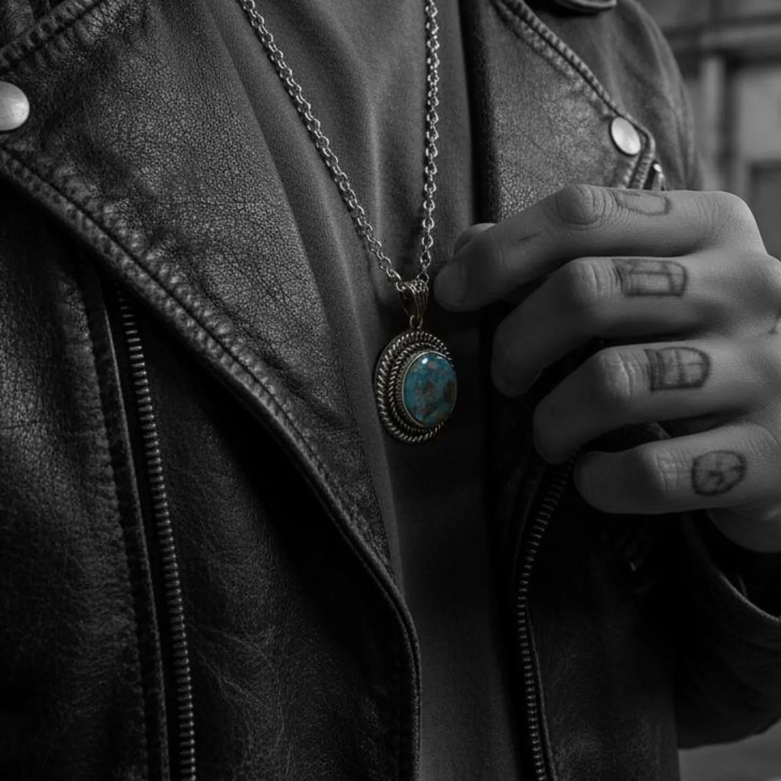 Front view of the Southwestern Turquoise Pendant Necklace on a model, showing its true size and bold presence. The striking turquoise gemstone adds a touch of color and masculine elegance, making it perfect for men’s fashion, Western style jewelry, and meaningful personalized gifts.