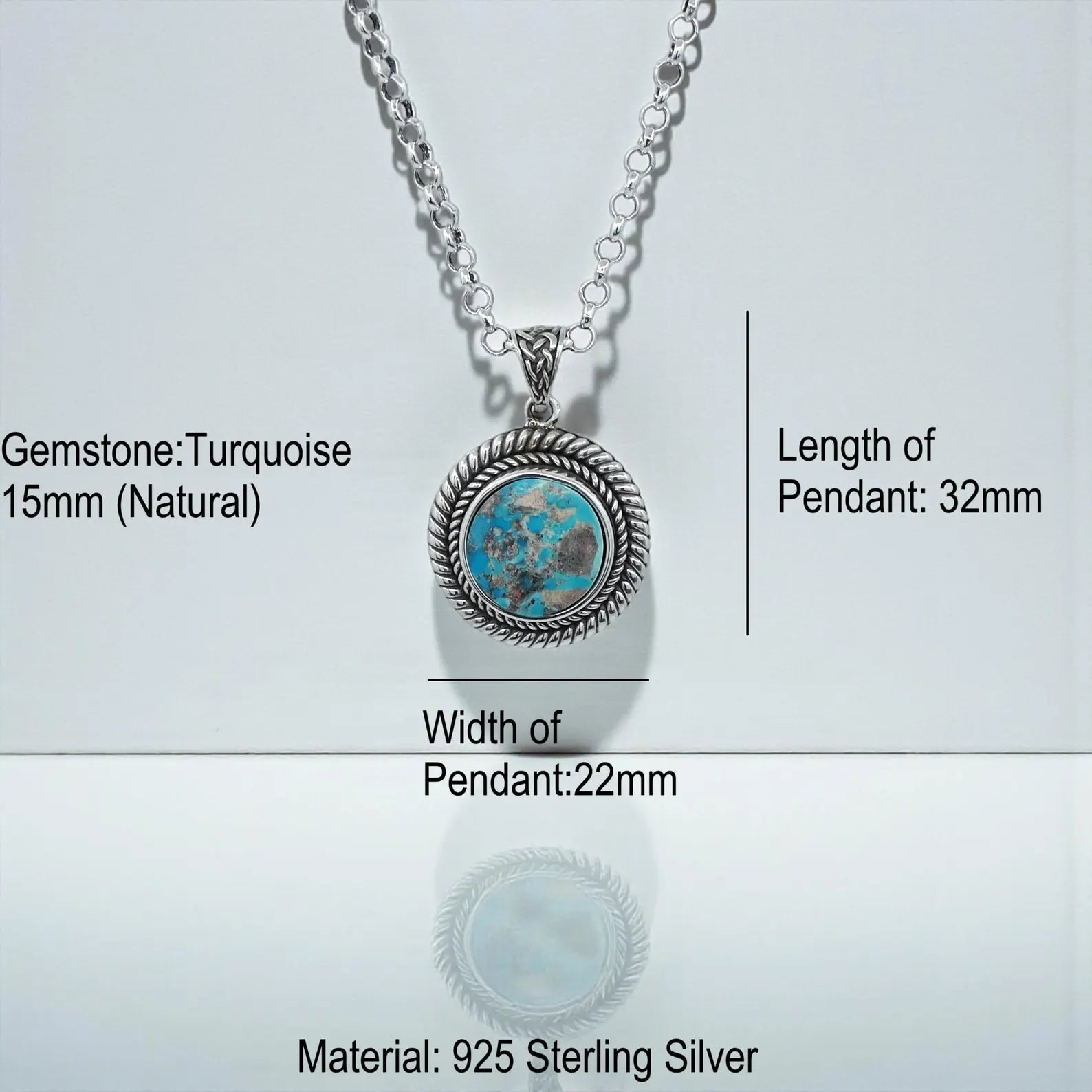 Side-angle model shot highlighting how the turquoise pendant hangs naturally from the sterling silver chain. The handcrafted rope-edge frame catches the light beautifully, creating a powerful yet minimalist look. Ideal for shoppers seeking unique men’s turquoise necklaces and artisanal silver jewelry.