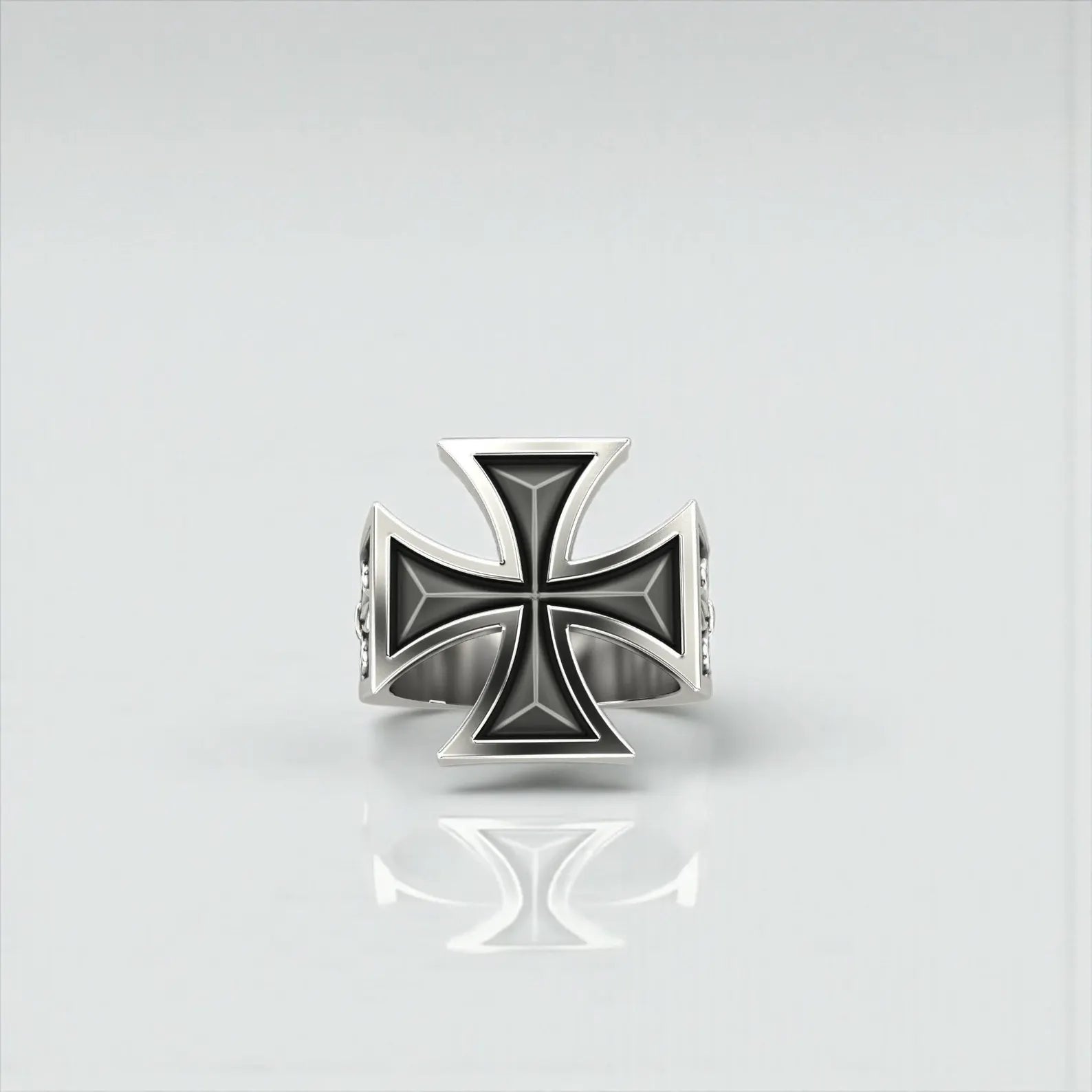 Bold men’s Iron Cross Ring in oxidized 925 sterling silver, highlighting its masculine biker style and handcrafted religious design ideal as a unique gift for him.