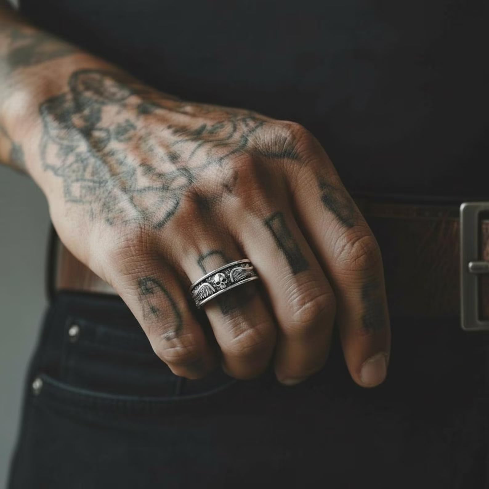 High-resolution image of a sterling silver biker skull ring featuring wings and oxidized detailing, highlighting the masculine gothic style and premium handcrafted quality ideal for rebels and riders.