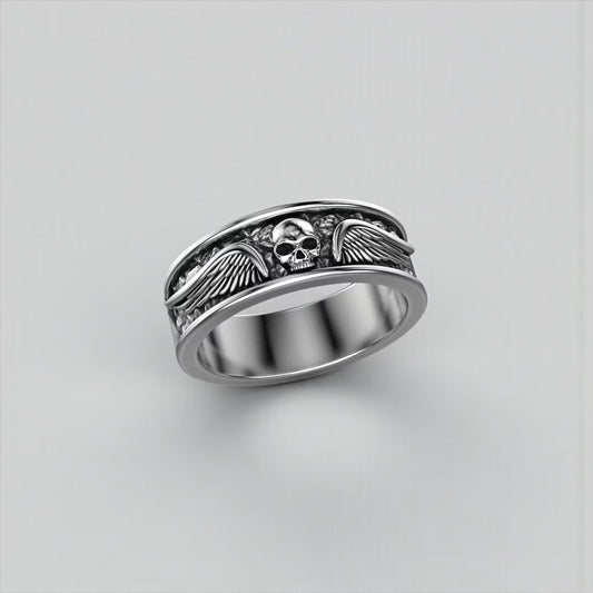 Close-up photo of a handcrafted 925 sterling silver winged skull ring for men, showcasing the detailed jawless skull design and bold gothic biker craftsmanship, perfect for motorcycle enthusiasts seeking unique statement jewelry.