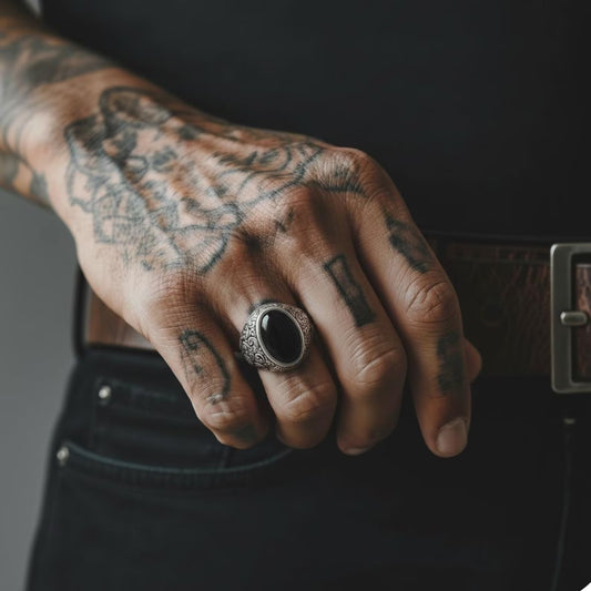 Onyx Gemstone Baroque Floral Signet Ring