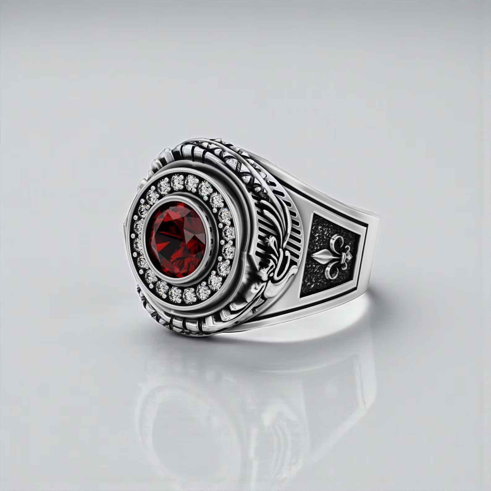 Handcrafted Ouroboros snake ring for men made of 925 sterling silver, featuring a deep red garnet centerpiece, symbolizing eternity, rebirth, and infinite cycles in gothic statement jewelry design.