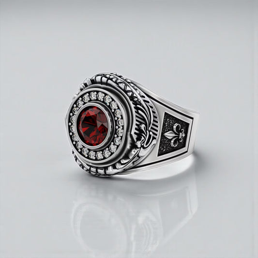 Handcrafted Ouroboros snake ring for men made of 925 sterling silver, featuring a deep red garnet centerpiece, symbolizing eternity, rebirth, and infinite cycles in gothic statement jewelry design.