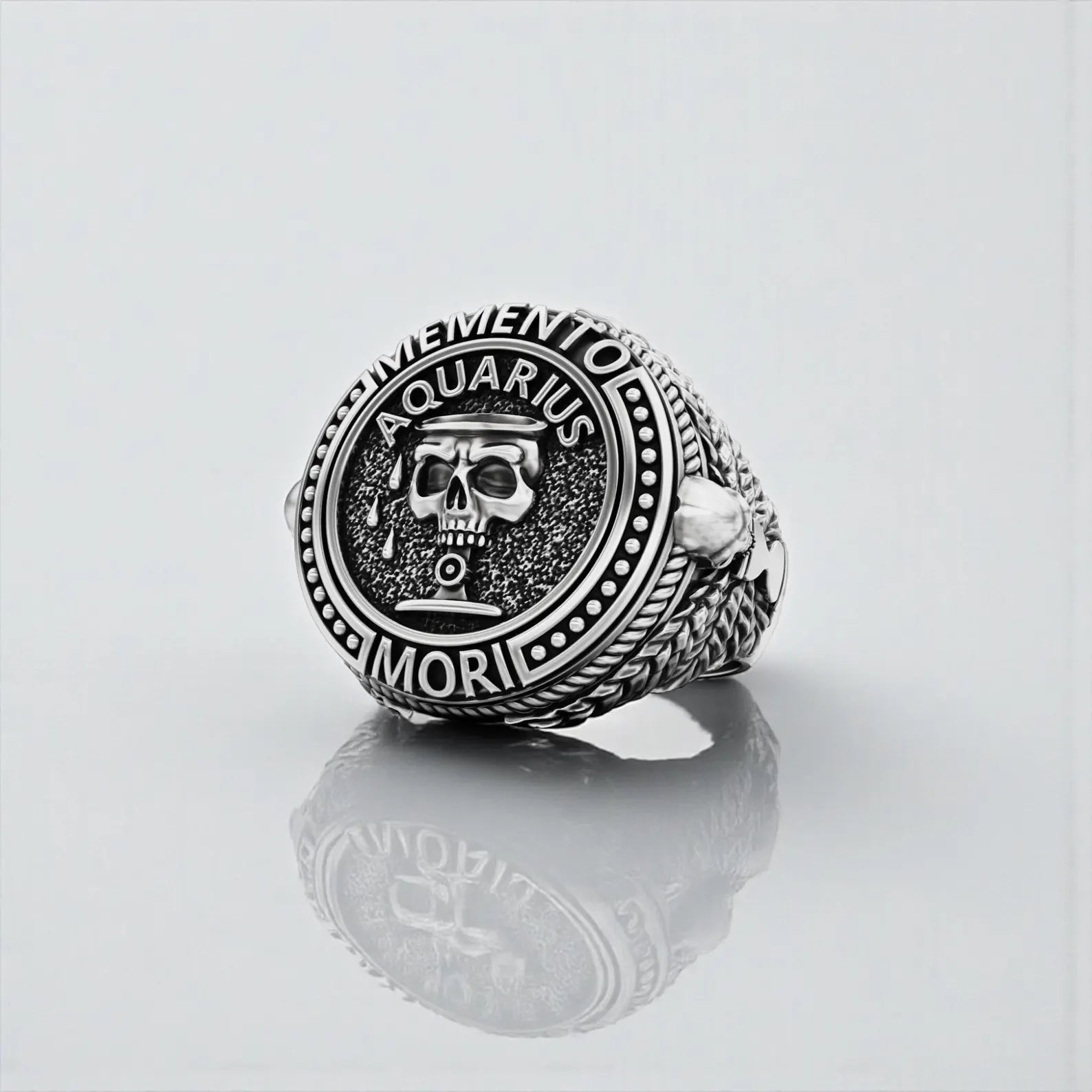 Memento Mori Aquarius skull ring for men crafted from 925 sterling silver, featuring a bold zodiac skull design symbolizing individuality, freedom, and intellectual depth in gothic statement jewelry.