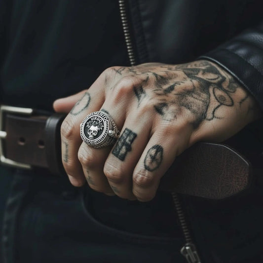 Gothic Virgo zodiac ring crafted in solid sterling silver, showcasing an intricate skull and floral motif inspired by Memento Mori philosophy and bold biker jewelry aesthetics.