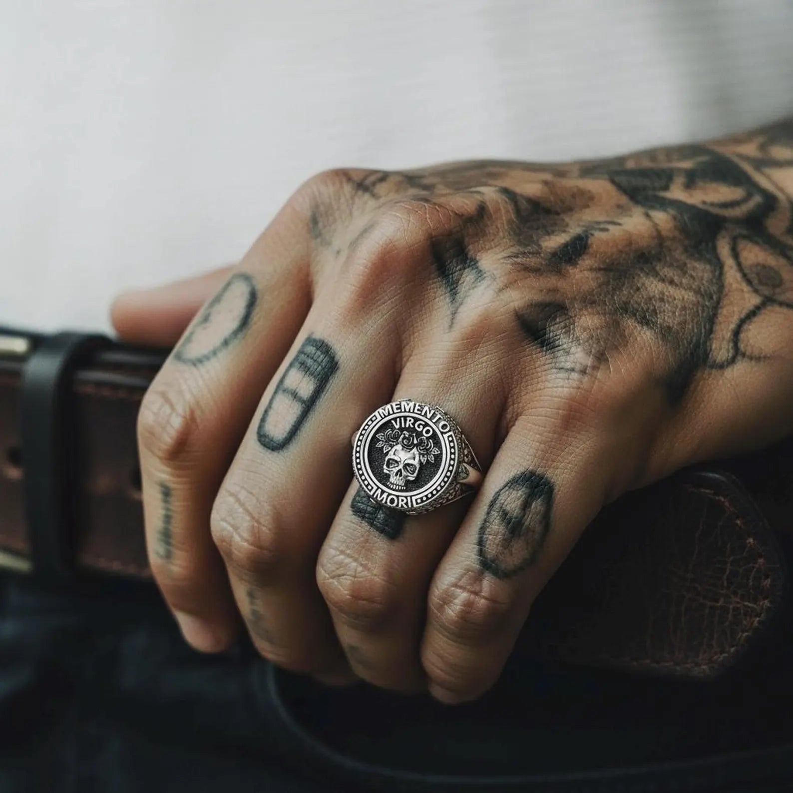 Bold biker-style Virgo ring made from hypoallergenic sterling silver, designed for men who appreciate gothic jewelry, astrology symbolism, and collector-quality craftsmanship.