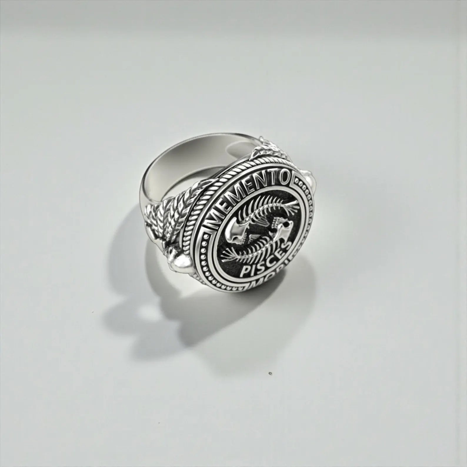 Bold biker-style Pisces ring made from hypoallergenic sterling silver, designed for men who appreciate gothic jewelry, astrology symbolism, and collector-quality craftsmanship.