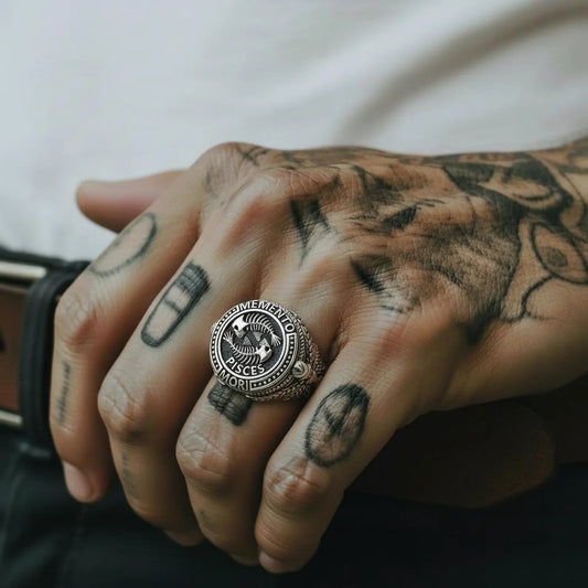 Gothic Pisces zodiac ring crafted in solid sterling silver, showcasing an intricate fish skeleton motif inspired by Memento Mori philosophy and bold biker jewelry aesthetics.