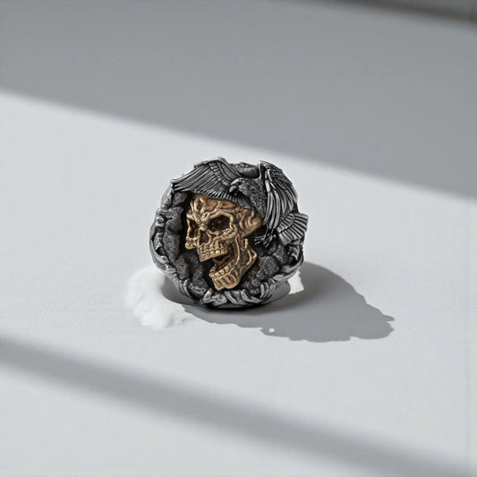 Handcrafted Gothic skull and eagle ring made from high-quality 925 sterling silver, featuring a powerful Memento Mori design symbolizing death, freedom, and strength for men who appreciate bold biker jewelry.
