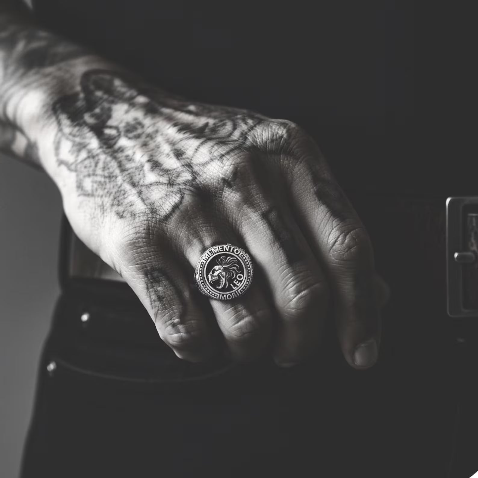 Gothic Leo zodiac ring crafted in solid sterling silver, showcasing an intricate lion skull motif inspired by Memento Mori philosophy and bold biker jewelry style.