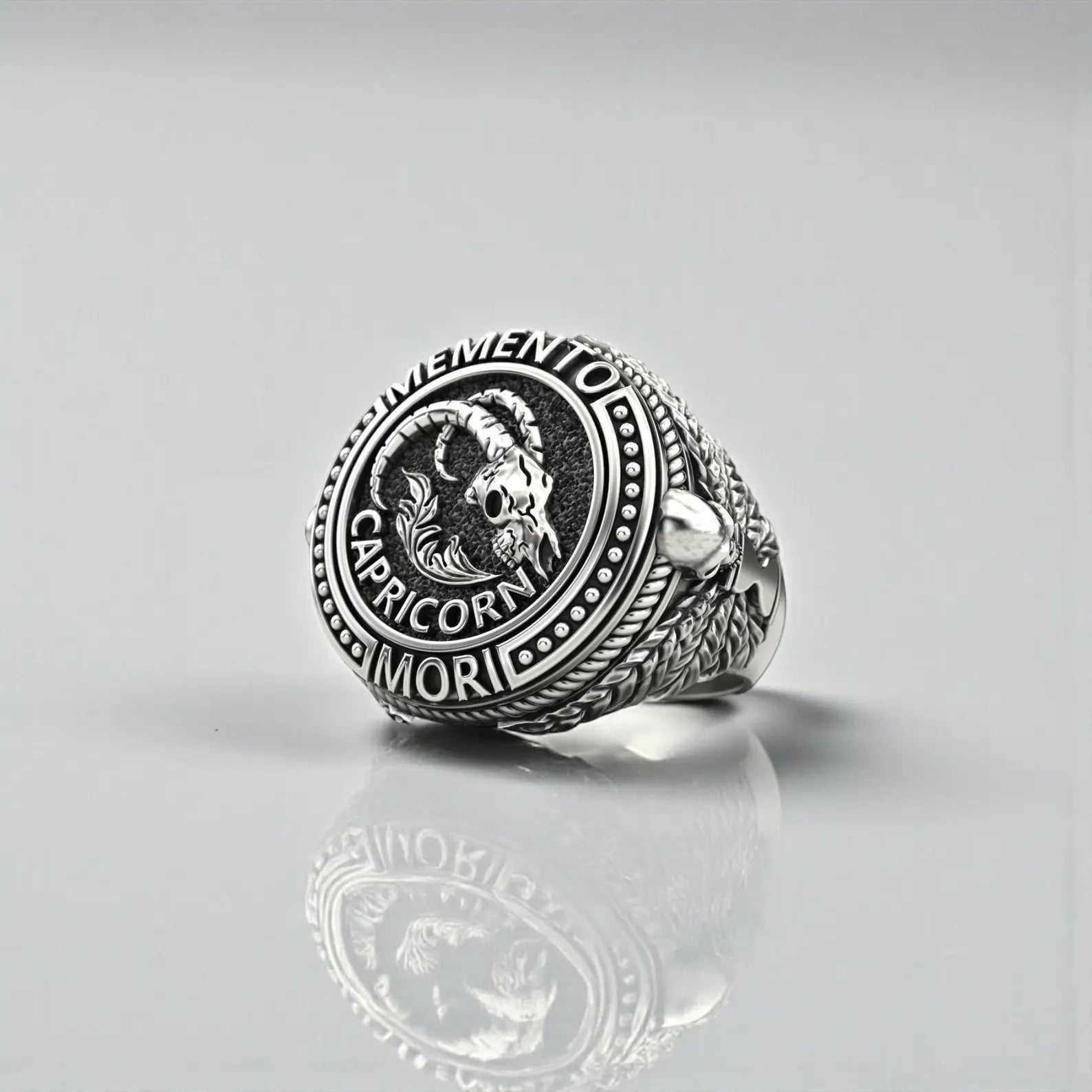 Bold biker-style Capricorn ring made from hypoallergenic sterling silver, created for collectors and zodiac lovers seeking powerful gothic jewelry.
